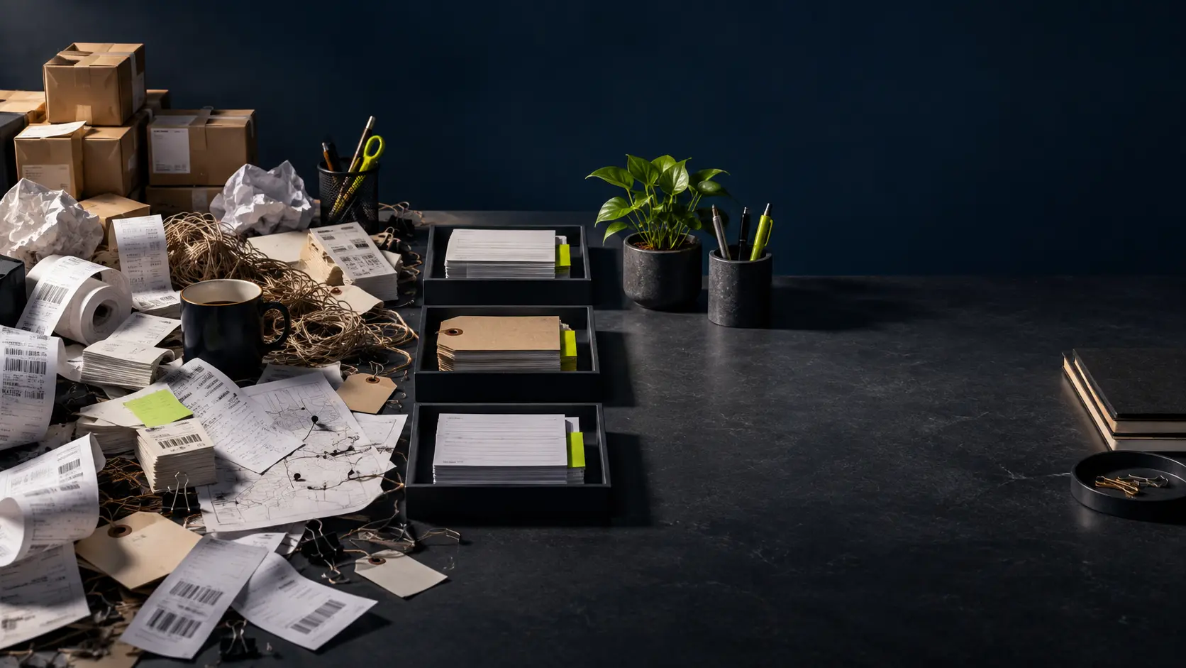 A crowded business worktable becoming organized and spacious